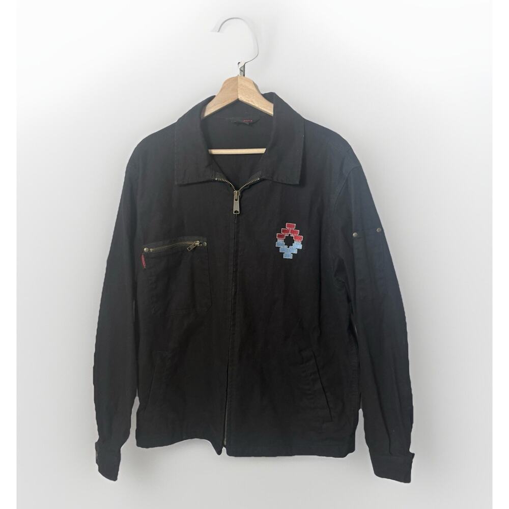 Tough Duck Jacket Men's Size L Chore Black Canvas Unlined Embroidered Aztec Work